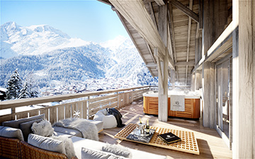 Vue 3D d'une terrasse de chalet de luxe à Chatel avec vue sur les Alpes