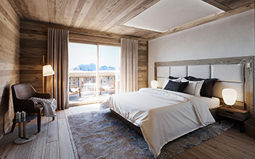 Réalisation d'une vue 3D de chambre de chalet de luxe