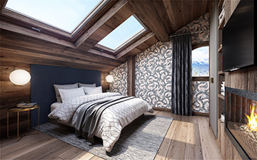 Vue 3D d'une chambre de chalet de luxe à Megève