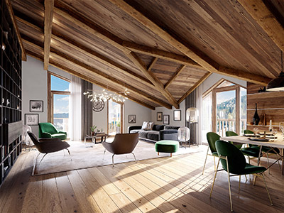 Image 3D d'un salon et salle à manger dans un chalet luxueux