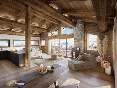 Infographie 3D d'un appartement situé dans un chalet à la montagne