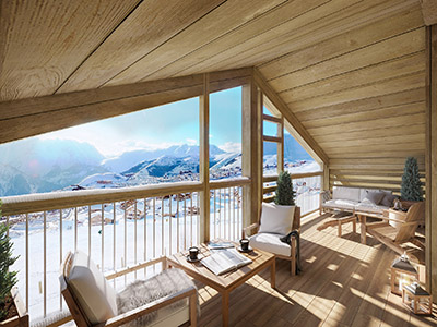 Rendu photoréaliste 3D d'une terrasse couverte avec une vue panoramique sur la montagne et la vallée