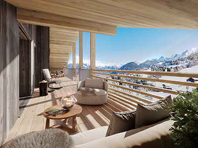 Image de synthèse 3D d'une terrasse avec vue sur la montagne