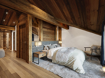 Visualisation 3D d'une chambre de chalet de montagne, luxueuse et confortable