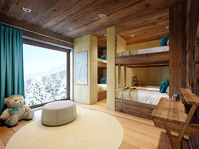 Infographie 3D d'une chambre d'enfant dans un chalet de montagne