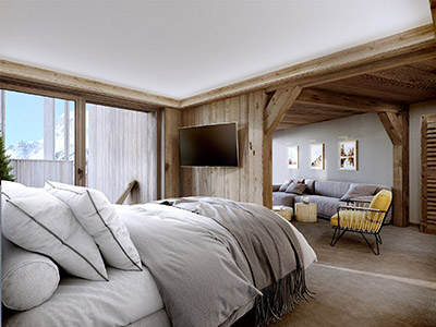 Image 3D d'une chambre d'hôtel dans un chalet à la montagne 