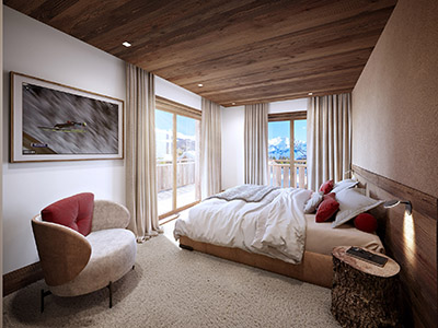 Graphisme 3D d'une chambre dans un chalet de montagne