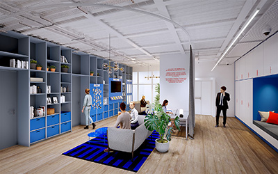 Représentation 3D d'un espace de repos et de travail design en entreprise