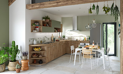 Perspective 3D d'une cuisine verte et bois moderne 