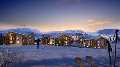 Perspective 3D et intégration de chalets de montagne dans une vallée en hiver