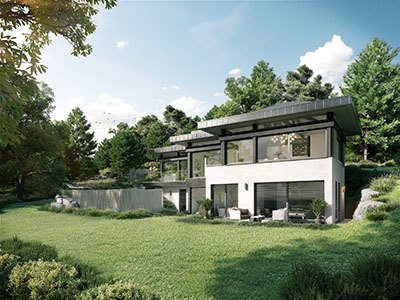 Représentation 3D d'une maison individuelle contemporaine luxueuse