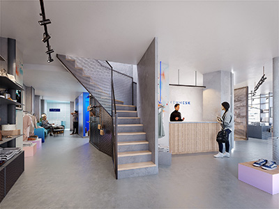 Rendu 3D de l'intérieur d'un magasin design et moderne