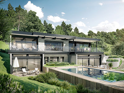 Vue 3D d'une maison individuelle moderne et luxueuse avec piscine