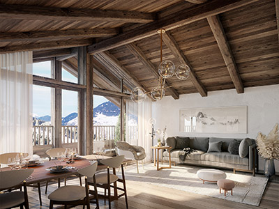 Représentation 3D de l'intérieur d'un penthouse à Megève