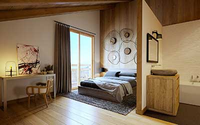 Image 3D d'une chambre de chalet de luxe réalisée par une agence de graphistes 3D professionnels