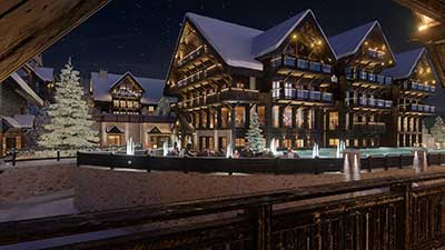 3D Photo of a batch of chalets at night in Oron Switzerland.