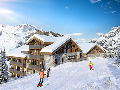 Représentation 3D d'une intégration de chalet dans la montagne, à côté des pistes de ski