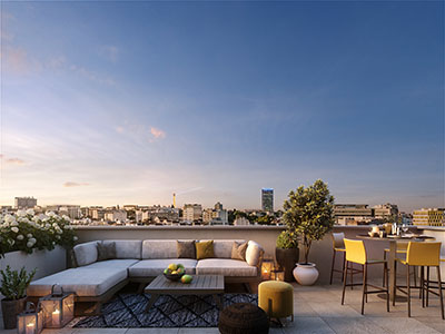 Image de synthèse 3D d'un rooftop à Paris en fin de journée