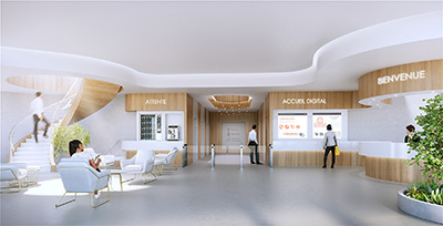 Image 3D d'un hall d'accueil et d'une salle d'attente d'entreprise