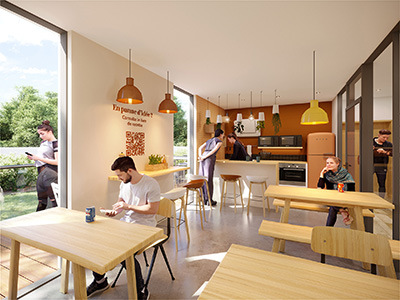 Représentation 3D d'une salle de repas dans une entreprise