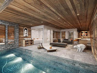 Création 3D d'une piscine à l'intérieur d'un chalet de montagne