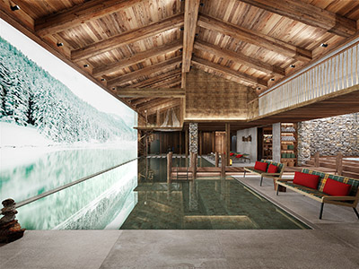 Rendu 3D d'une piscine intérieure dans un chalet Suisse