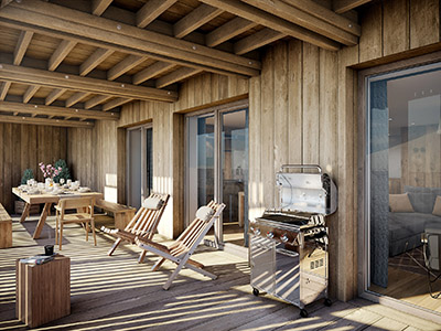 Image 3D d'une terrasse d'un chalet