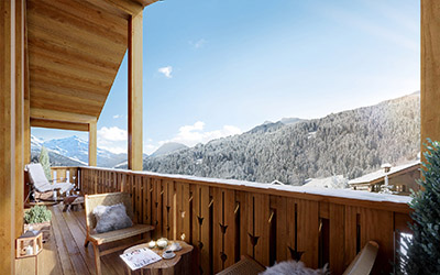 Graphismes 3D d'un balcon de chalet avec vue sur la montagne