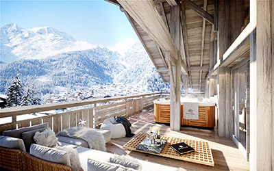 Image de synthèse 3D d'une terrasse de chalet avec vue sur la montagne et spa