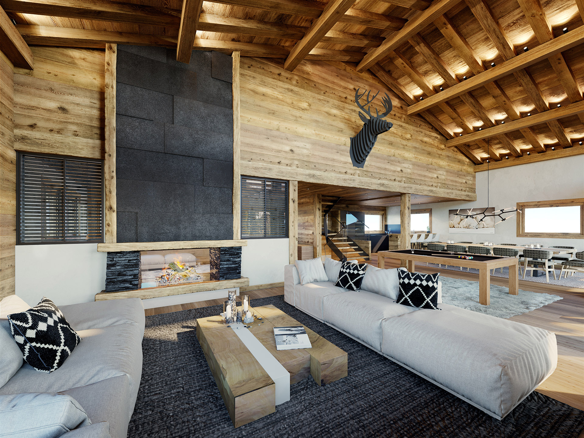 3D image of a living and dining room in a mountain apartment in the Alps