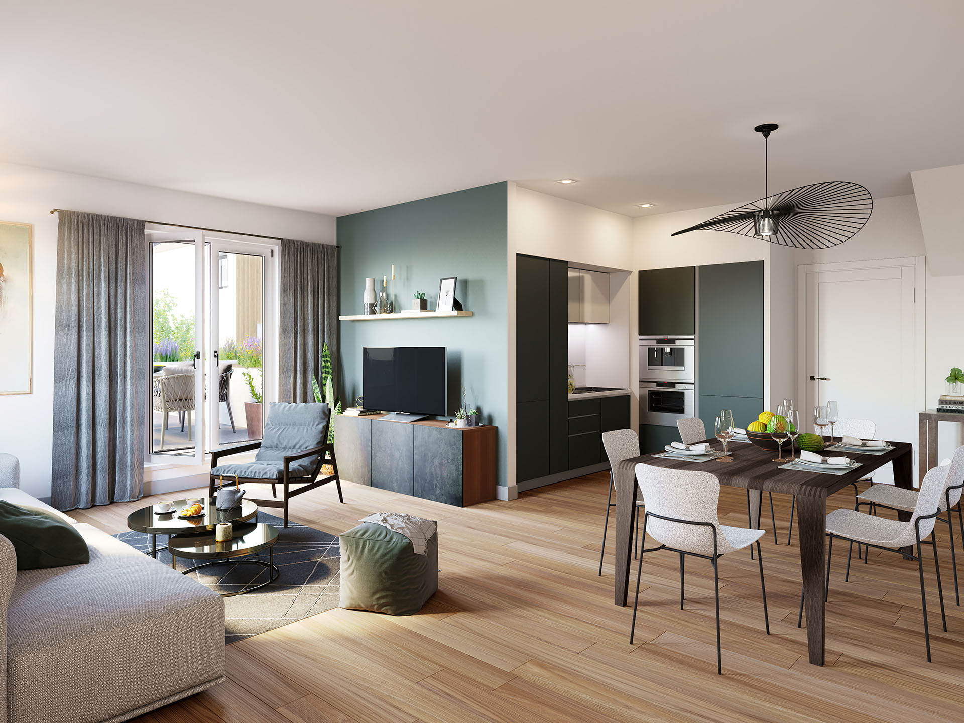 3D computer graphics of the interior of a modern apartment