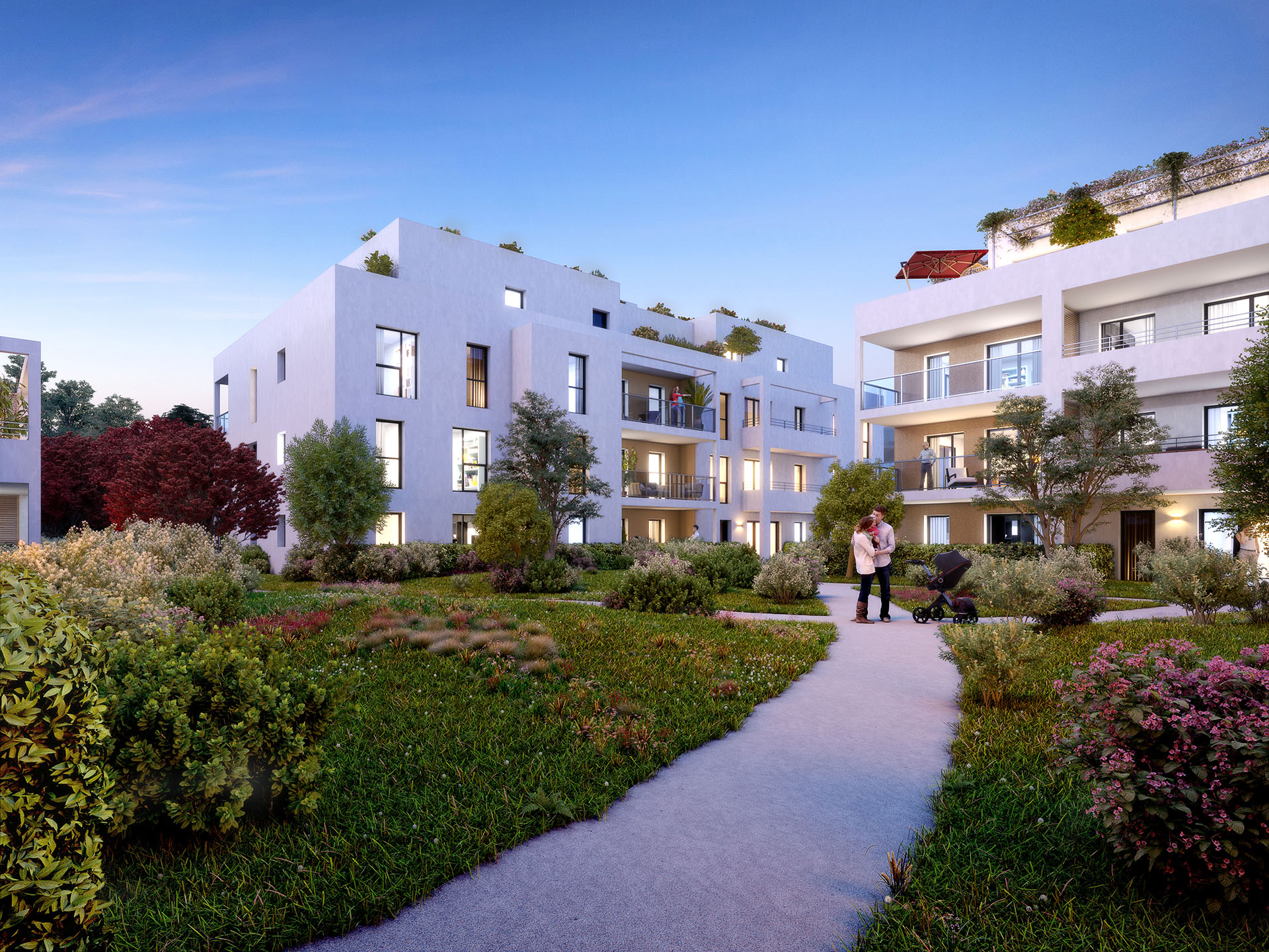 3D visualization of the exterior of a building at the end of the day