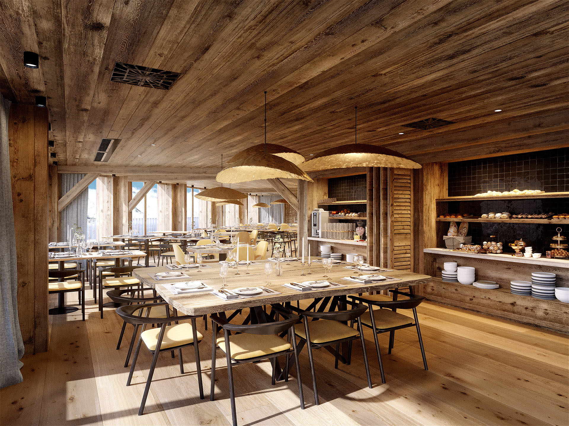 3D computer image of a rustic wooden restaurant in a mountain chalet