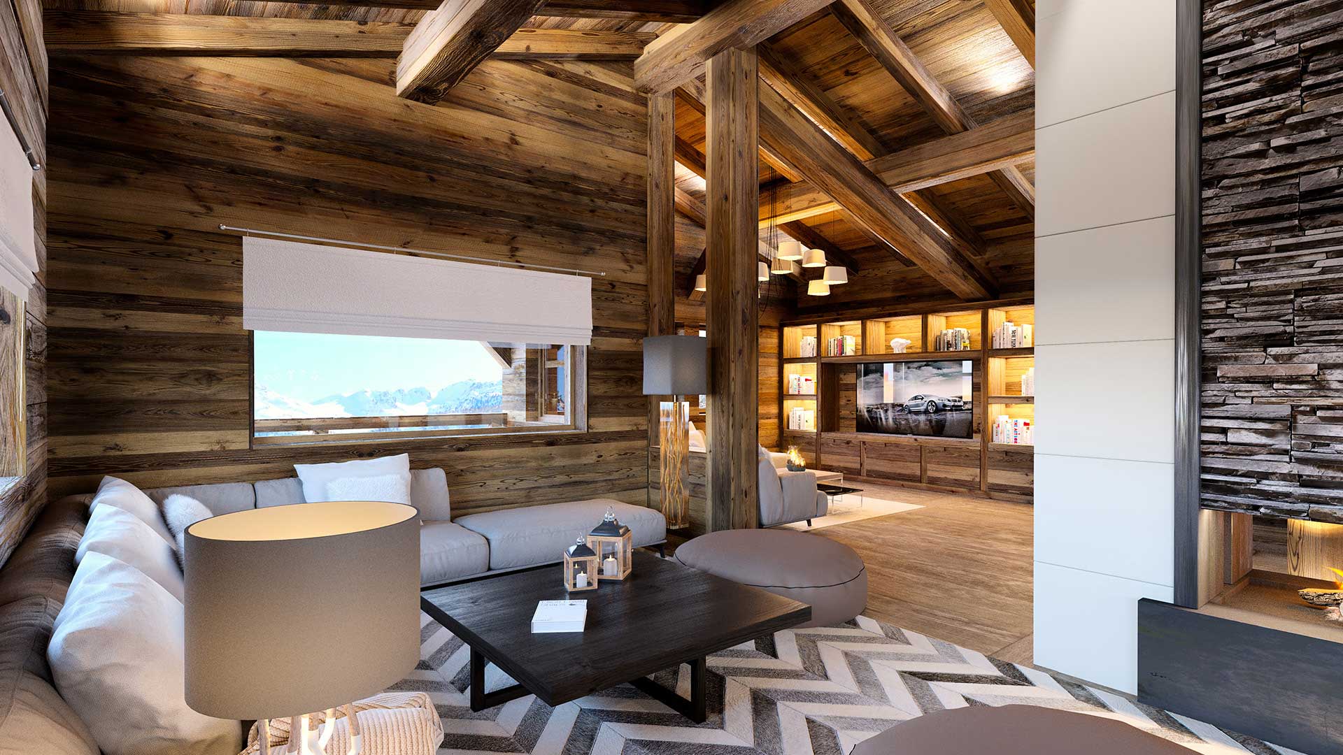 Digital 3D image of a luxurious living room.