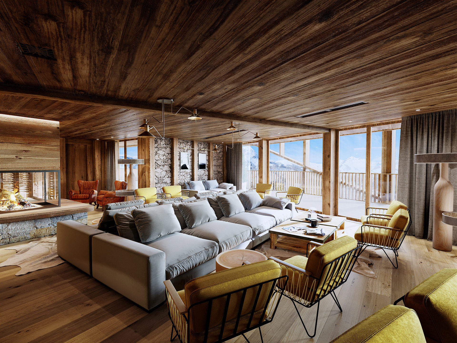 3D image of a lounge in a mountain chalet type hotel