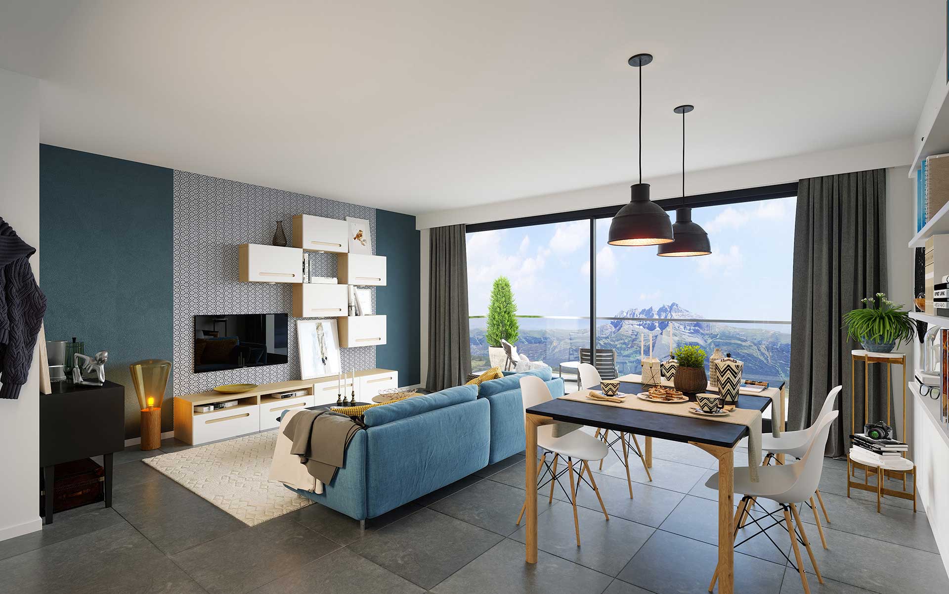 Creation of a 3D perspective of a scandinavian living room in a luxurious apartment. 