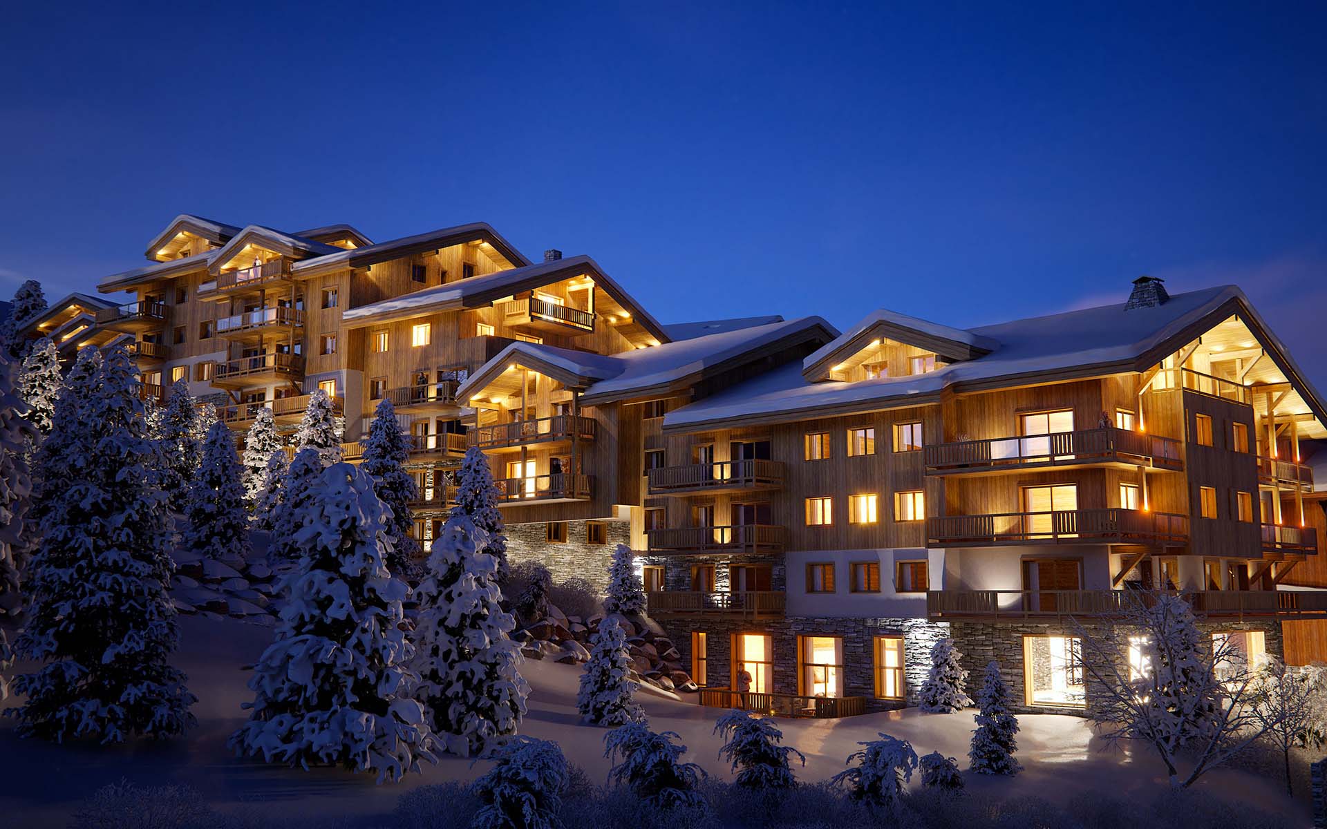 Perspective of a project of luxurious chalets made from computer generated images. 