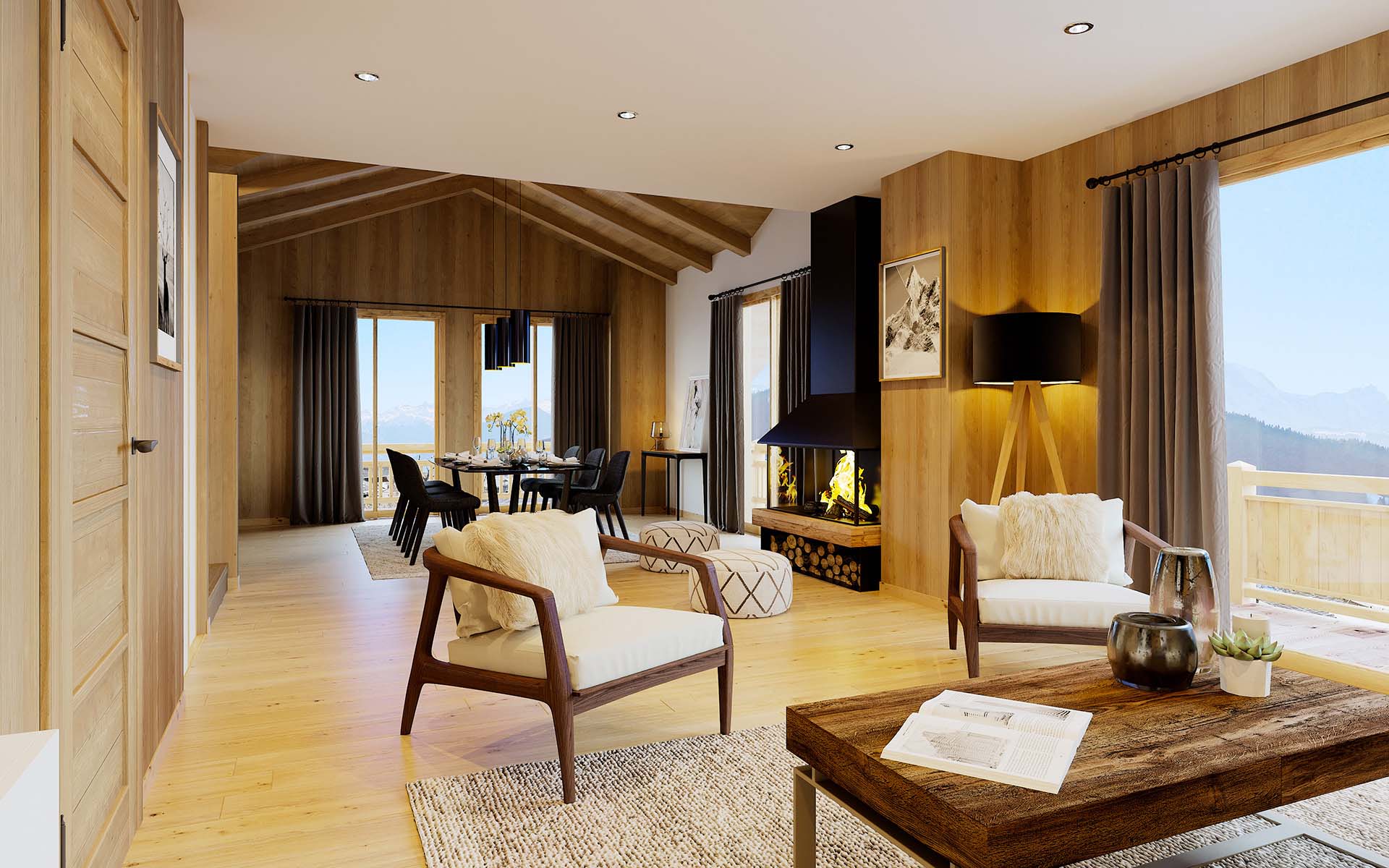 Creation of 3D computer generated images of a luxurious chalet for real estate promotion.