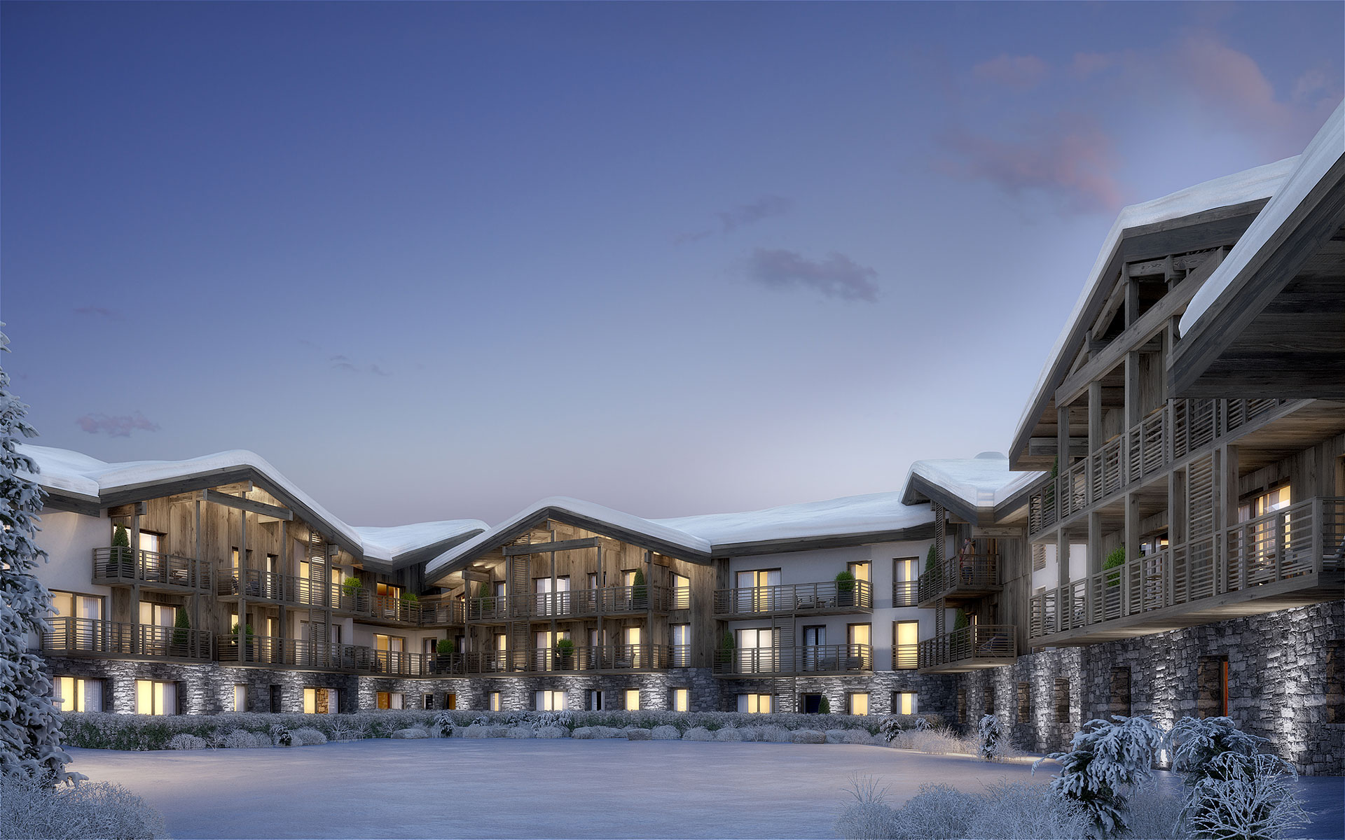 3D Exterior visualization of a resort chalet village in the Alps