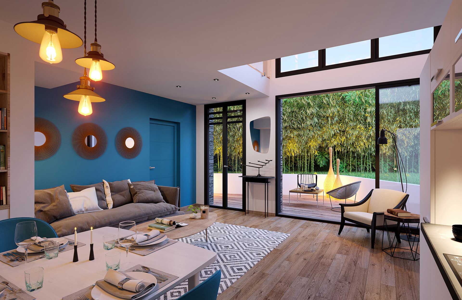 3D Design : 3D perspective of a scandinavian living room by the agency Valentin Studio.