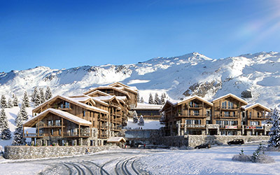 3D creation of a set of chalet-like buildings in the snowy mountain 