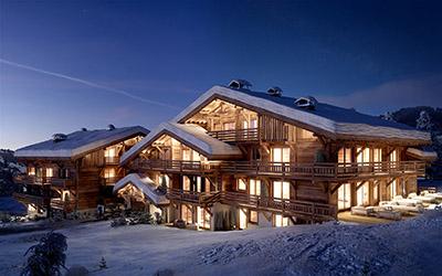 3D computer graphics of a chalet, in the mountains, in winter and at night. 