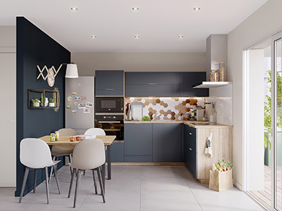 3D image of a modern open kitchen in black and wood