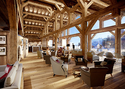 Common relaxation area in a luxurious chalet created by 3D graphic designers