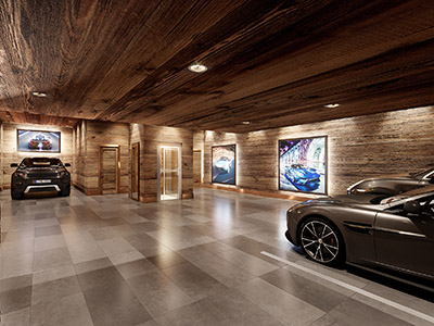 3D photorealistic rendering of a luxury garage with cars in a chalet