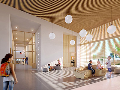 3D visualization of a modern school hall with children 