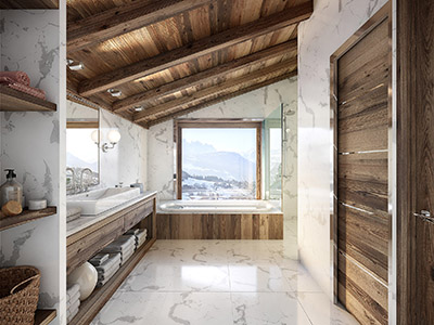3D graphics of a modern and luxurious bathroom in a chalet