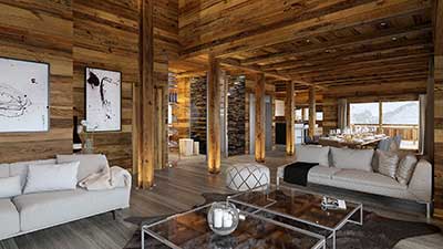 Creation of a still 3D image for the real estate promotion of the living room of a luxurious chalet.