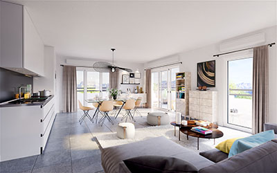 3D image of the living space of a modern apartment
