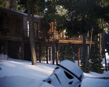 3D render of the exterior of a cabin project in a snowy forest